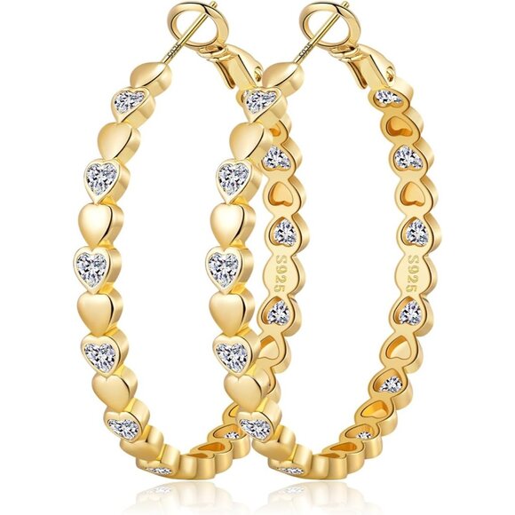 14k Gold Plated 30mm Heart Cubic Zirconia Rhinestone Hoop Earring for Women - Picture 1 of 7